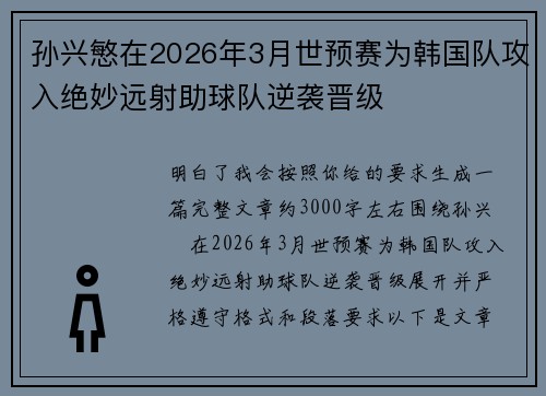 孙兴慜在2026年3月世预赛为韩国队攻入绝妙远射助球队逆袭晋级